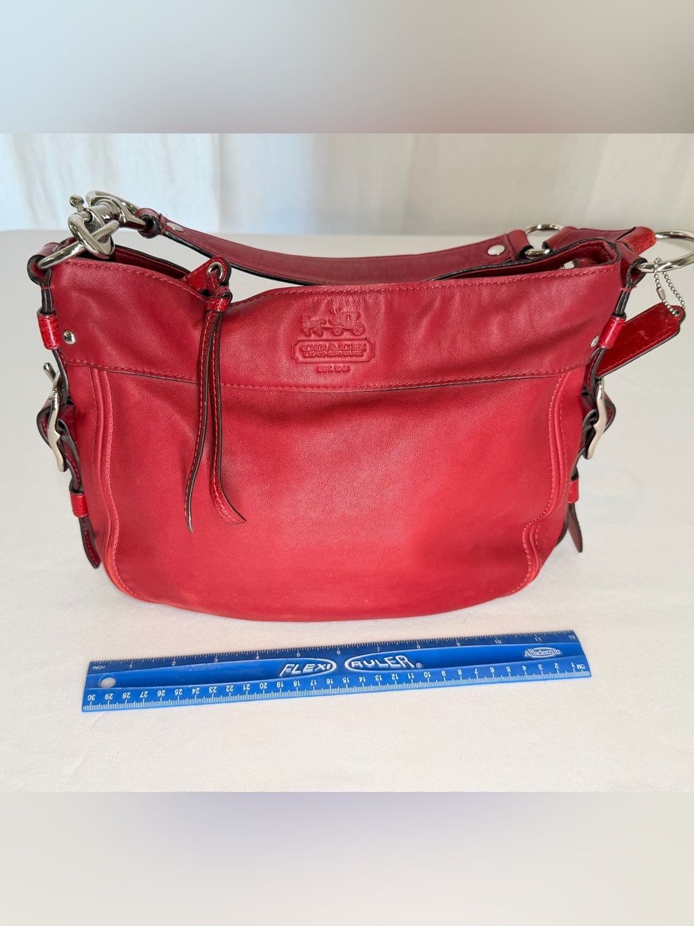 Coach Red Leather Hobo Shoulder Bag with Silver Hardware